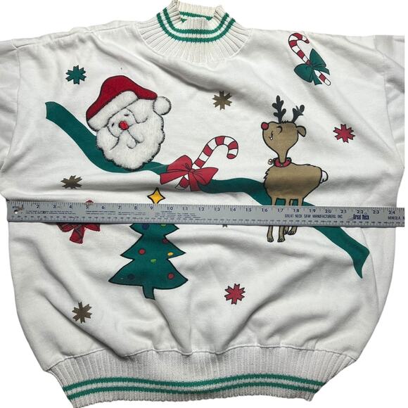 VINTAGE 90s Cottagecore Christmas Sweatshirt Mock Neck Embroidered Jingle Bell L - Picture 5 of 7